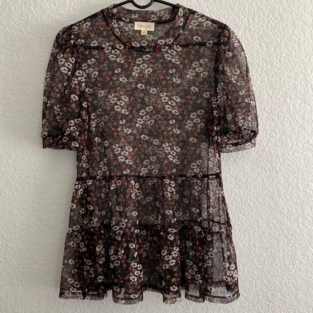 Black Floral Mesh Peplum Blouse